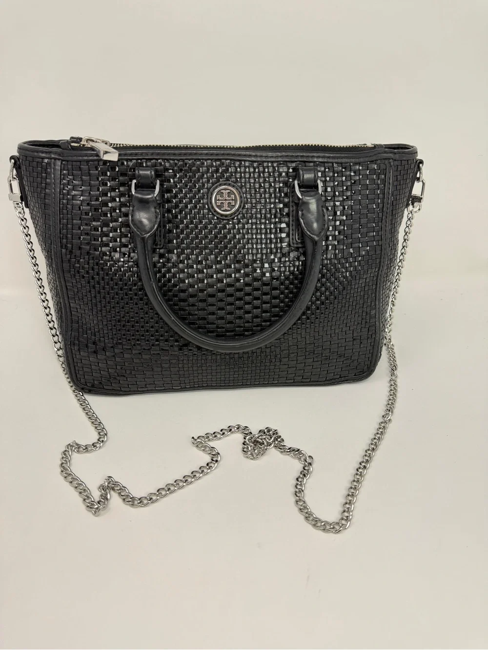 Tory Burch Robinson Black Basket Weave Leather Small Tote Satchel with Chain - Picture 14 of 16